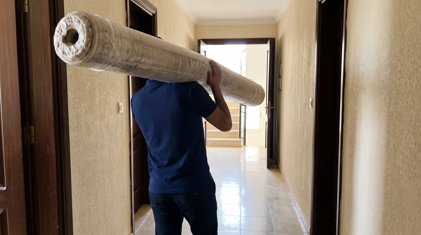 فني نقل عفش يحمل سجاد مغلف بالاسترتش بعناية واحتراف في الممر