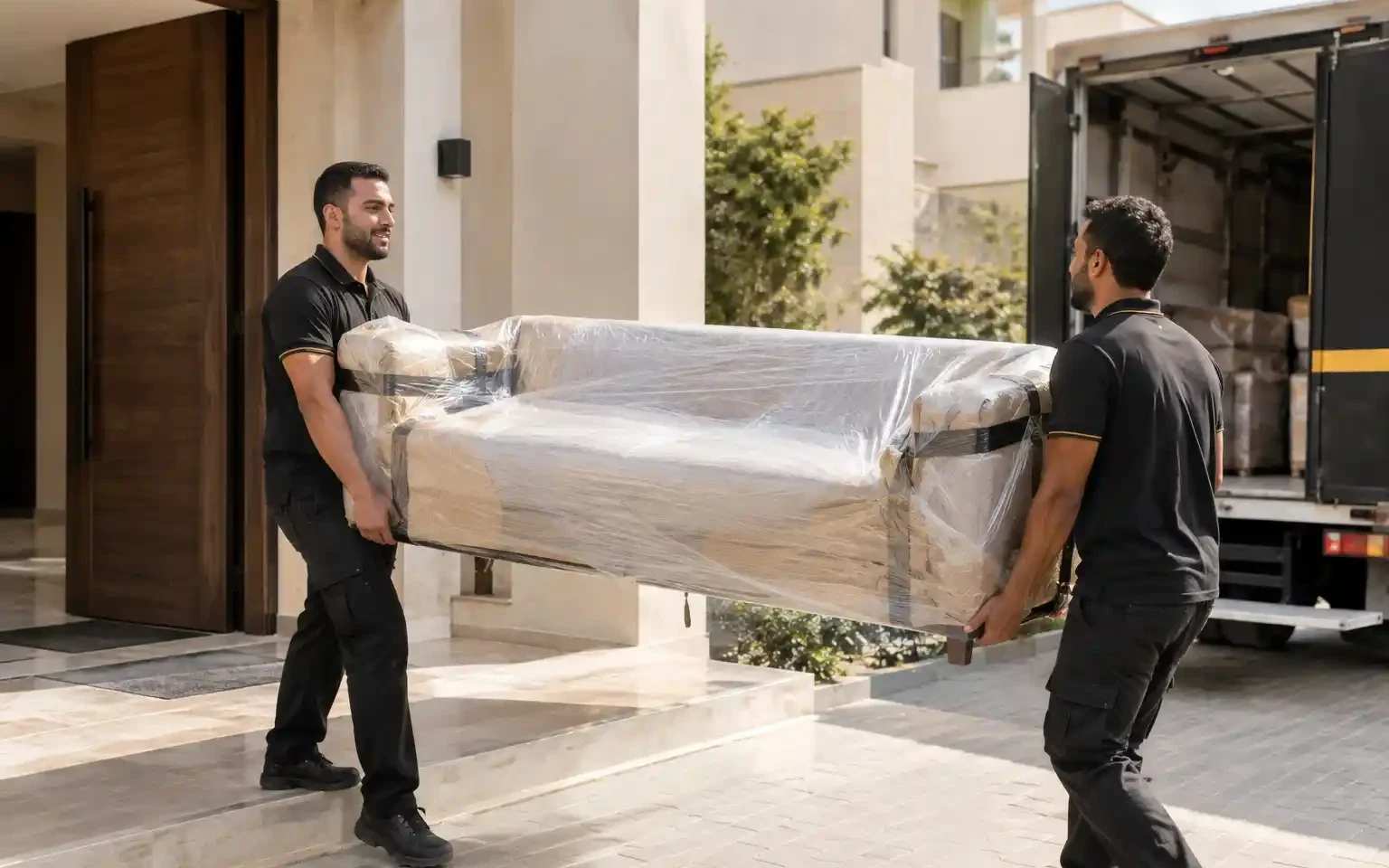 شركة نقل الاثاث بالتجمع: عمال هوم ونش بيحمّلوا كنبة متغلّفة للعربية