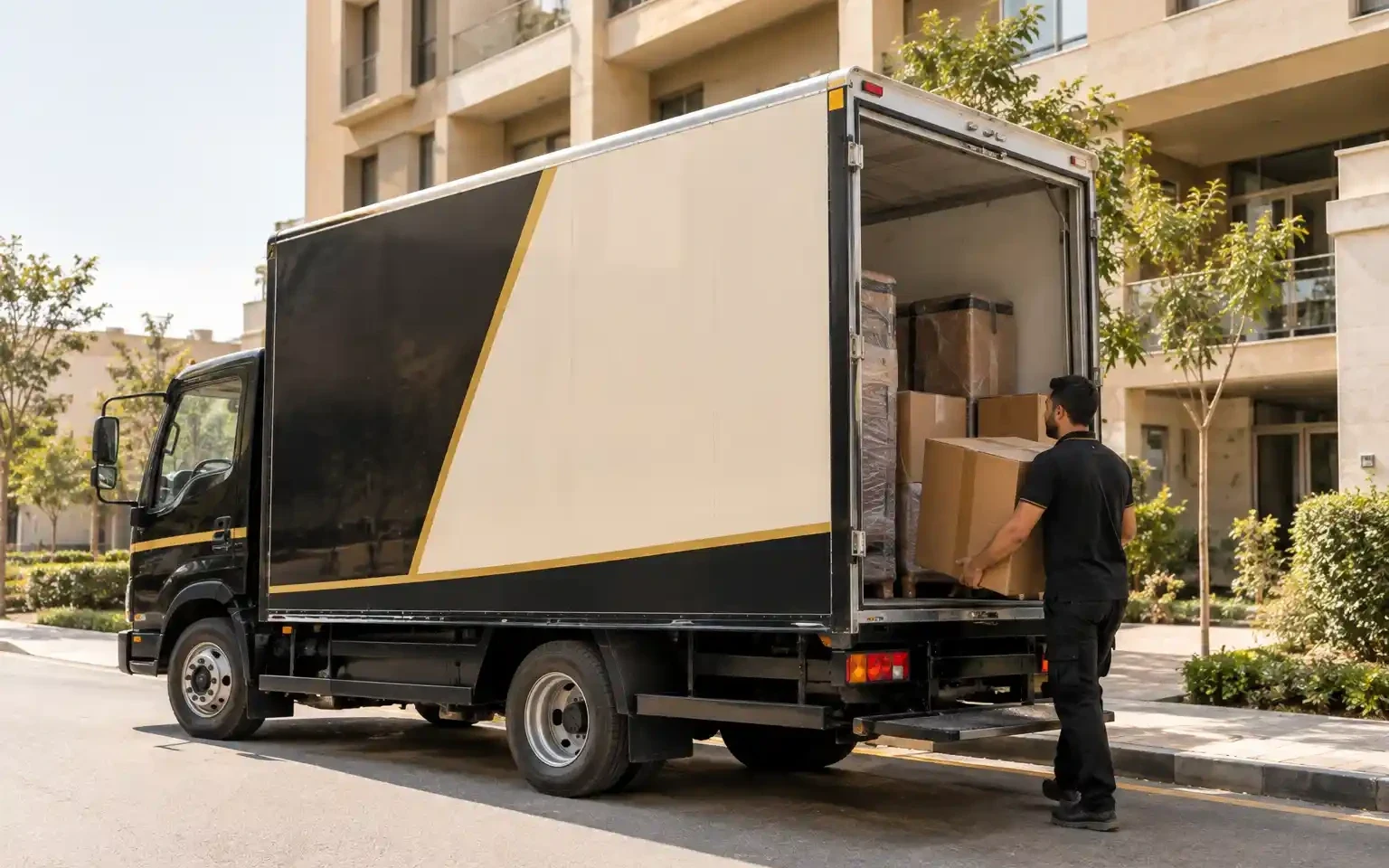 شركة نقل عفش اكتوبر: عامل بيحمّل كراتين العفش في عربية نقل مجهزة